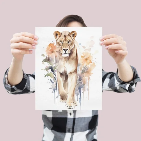 Watercolor Lioness With Flowers Portrait Wall Art Illustration Print Unframed - Picture 4 of 5